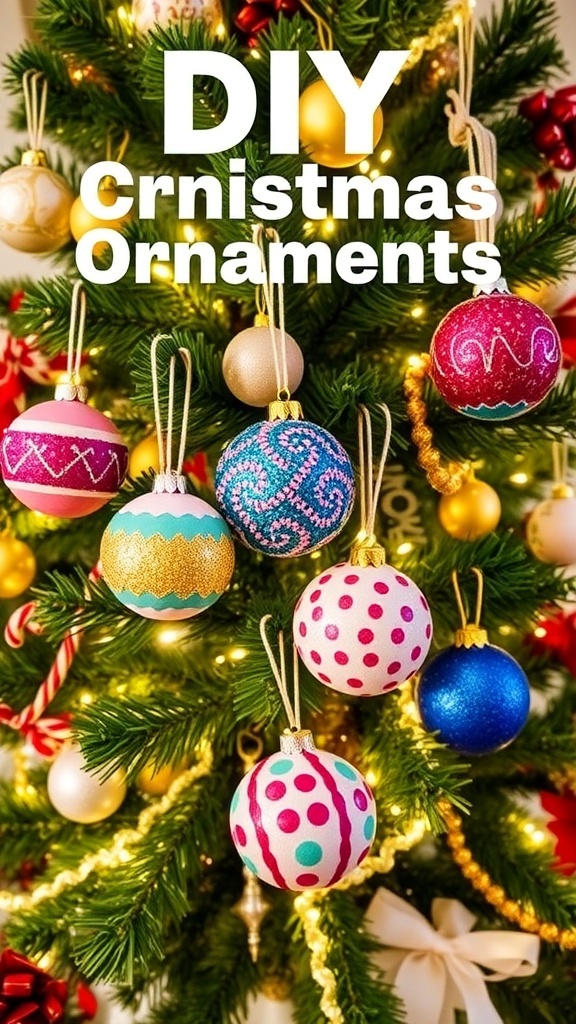 Colorful DIY Christmas ornaments on a decorated tree.